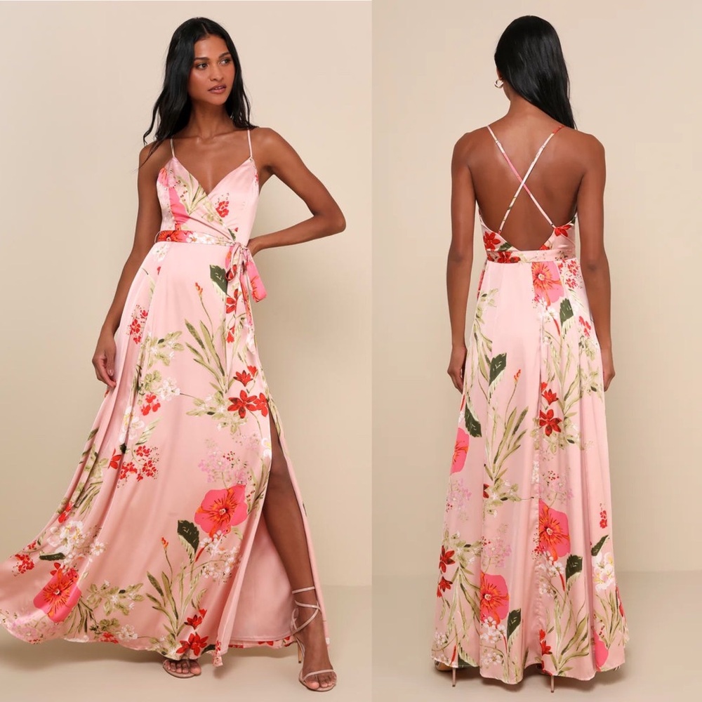 Lulu's Pink Floral Wrap Maxi Dress with Red & Green Bloom